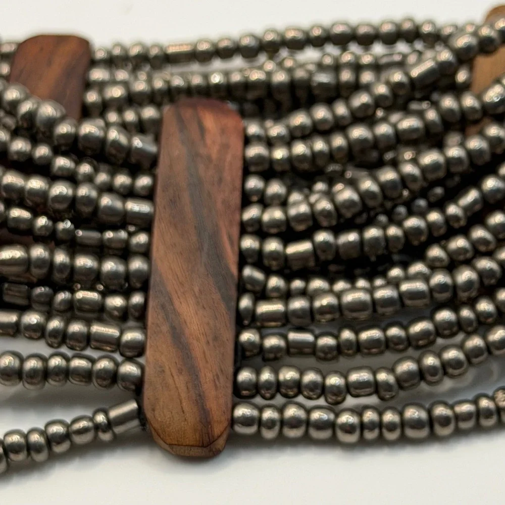 Silver Tone Multi Strand Beaded Wood Stretch Bracelet Boho Artisan Festival